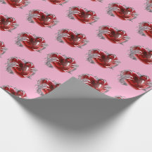 Papel de embrulho coração vermelho em fundo rosa a