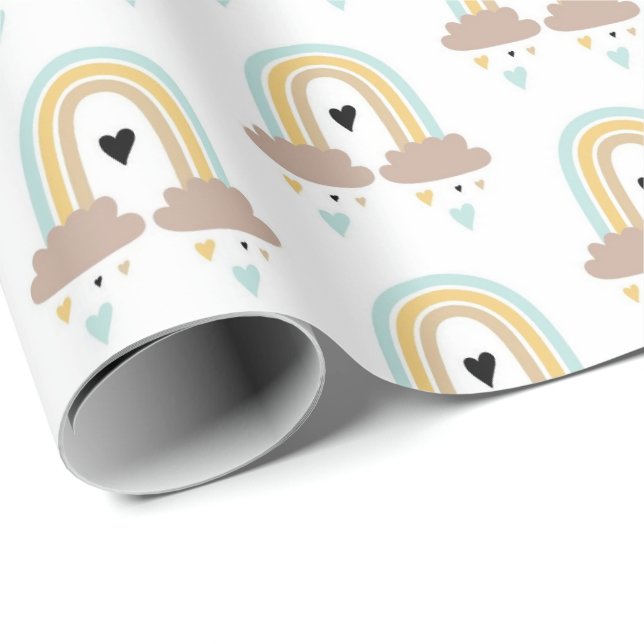 Papel de embrulho - Corações Nuvens Arco-íris (Ponta do rolo)