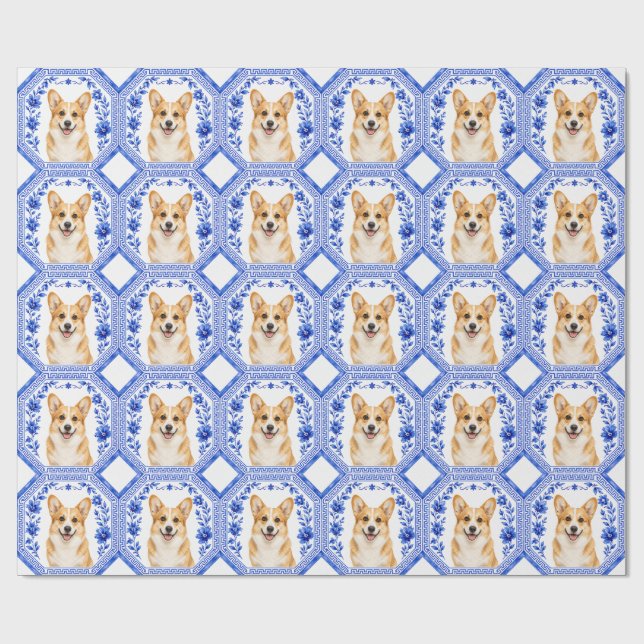 Papel de embrulho Corgi Azul e Branco Chinoiserie (Aberto)