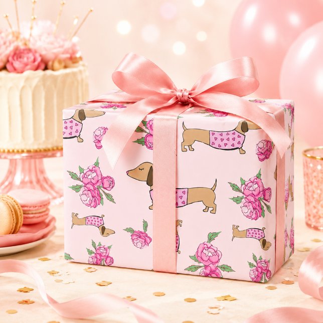 Papel de embrulho Dachshund Rosa Floral (Dachshund Wrapping Paper Pink Floral Gift Wrap)