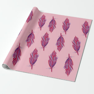 Papel de embrulho de aguarela penas vermelho rosa