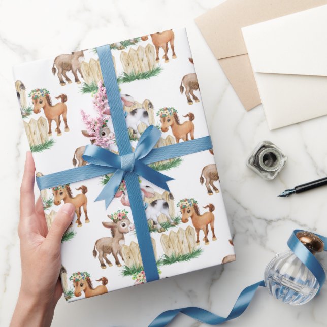 Papel de embrulho de animais da fazenda florais fo (Presentear)