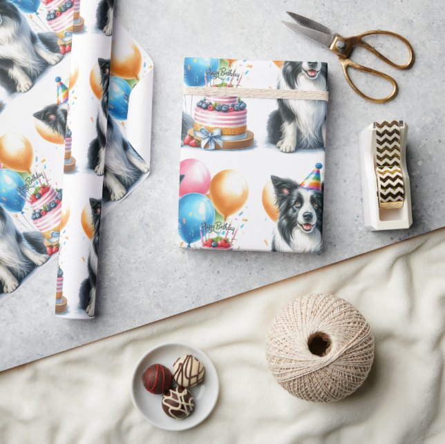 Papel de embrulho de aniversário Border Collie fof (Artesanato)