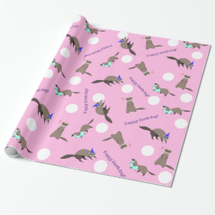 Papel de embrulho de aniversário branco rosa furão