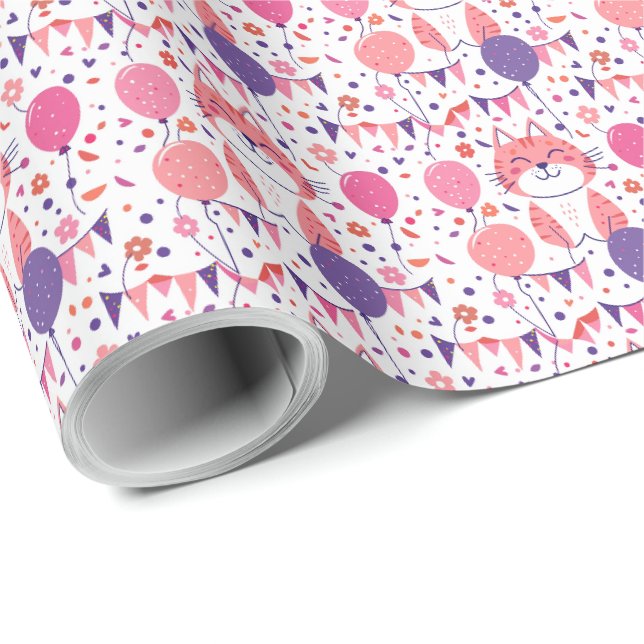 Papel de embrulho de aniversário de gatinho rosa e (Ponta do rolo)