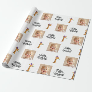 Papel de embrulho de aniversário de girafa com fot