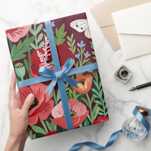 Papel de embrulho de arte de papoulas borboletas a