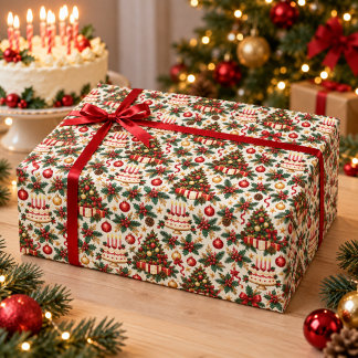 Papel de embrulho de árvore de Natal e bolo de ani