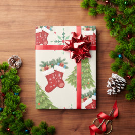 Papel de embrulho de árvore de Natal, meia e floco