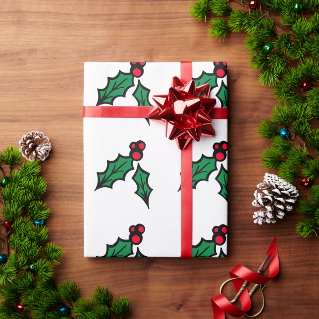 Papel de embrulho de azevinho e frutos (Presente de Natal)