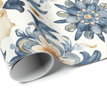 Papel de embrulho de azulejo floral azul e bege, a