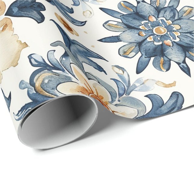 Papel de embrulho de azulejo floral azul e bege, a (Ponta do rolo)