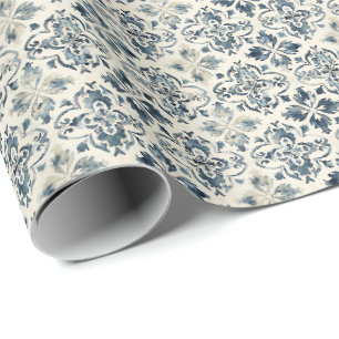 Papel de embrulho de azulejo floral azul vintage,