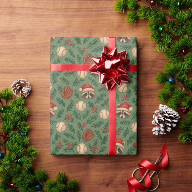 Papel de embrulho de beisebol do guaxinim de Natal (Presente de Natal)