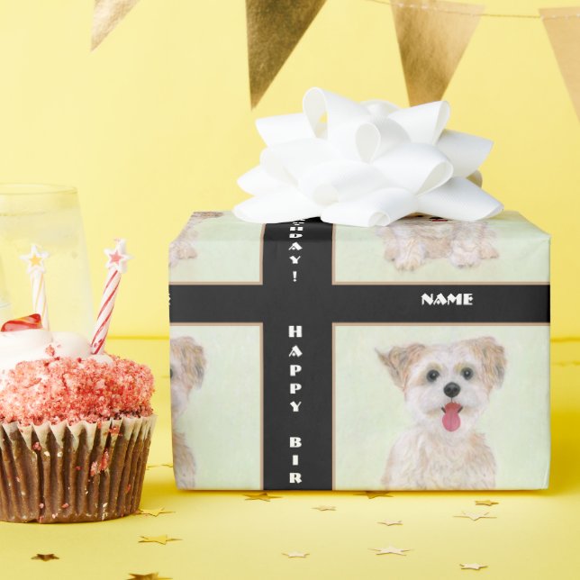 Papel de embrulho de cachorro Morkie em preto com  (Festa de aniversário)