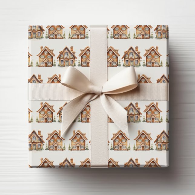 Papel de Embrulho de Casa de Pão de Mel (Vintage Watercolor Gingerbread House Wrapping Paper by Painted Paperie
)