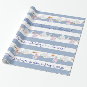 Papel de embrulho de cegonha bebé azul e branco ri