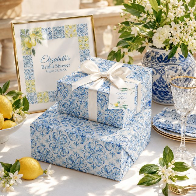 Papel de embrulho de chuveiro de noiva com azulejo (Mediterranean Blue Tile Bridal Shower Wrapping Paper)