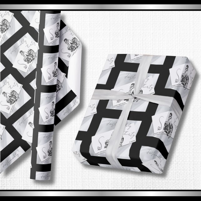 Papel de embrulho de Couture Moderno Noir Aniversá (Chic Noir couture wrapping paper with a modern repeating fashion card print.)