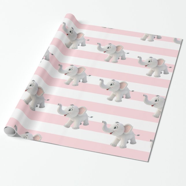 Papel de embrulho de Elefante Listra Rosa e Branco (Desenrolado)