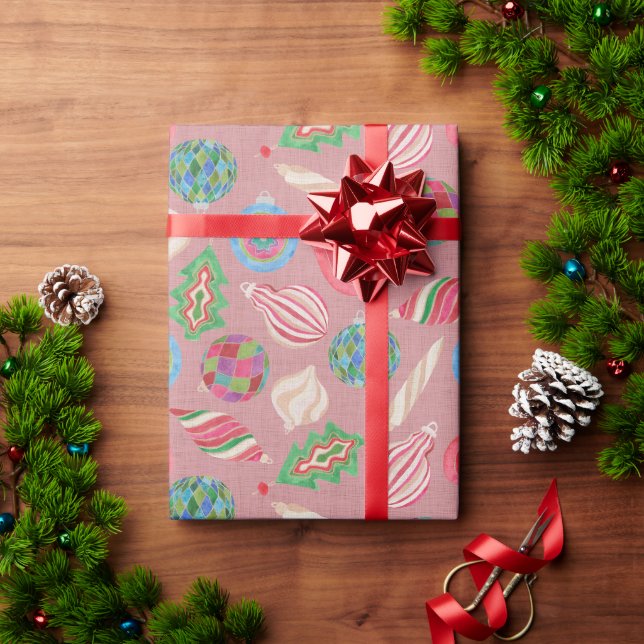 Papel de embrulho de enfeites de Natal aquarela (Presente de Natal)