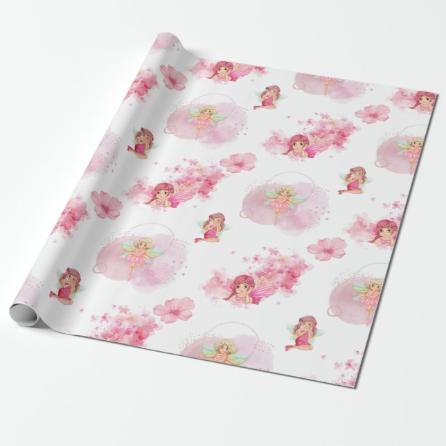 Papel de embrulho de fada rosa bonito para raparig (Desenrolado)