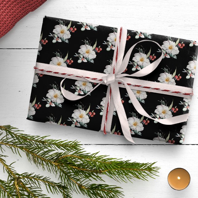 Papel de embrulho de férias botânico preto (Black White Red Boho Floral Christmas Holiday Wrapping Paper)