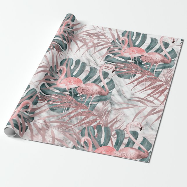 Papel de embrulho de flamingos tropicais em rosa d (Desenrolado)