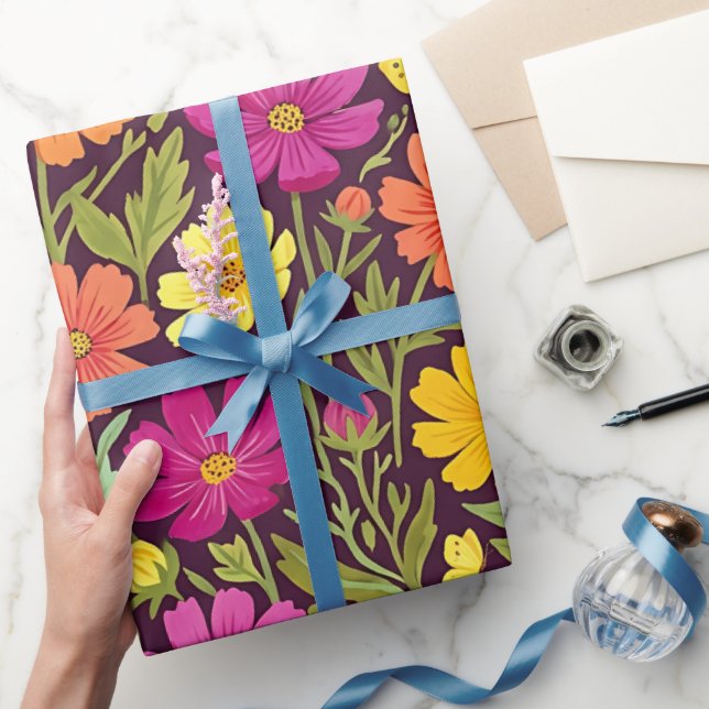 Papel de embrulho de flores boho abstratas com bor (Presentear)
