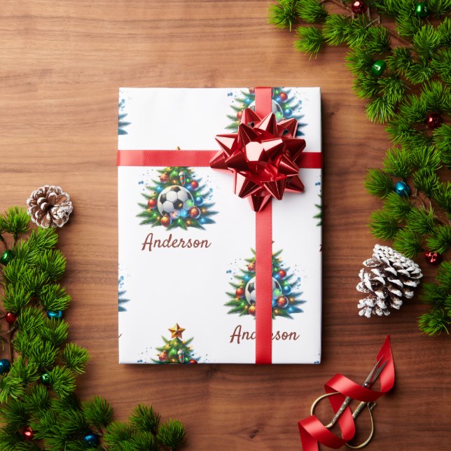 Papel de embrulho de futebol natalino presente com (Presente de Natal)