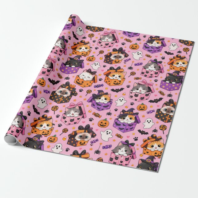 Papel de embrulho de gato fofo de Halloween para a (Desenrolado)