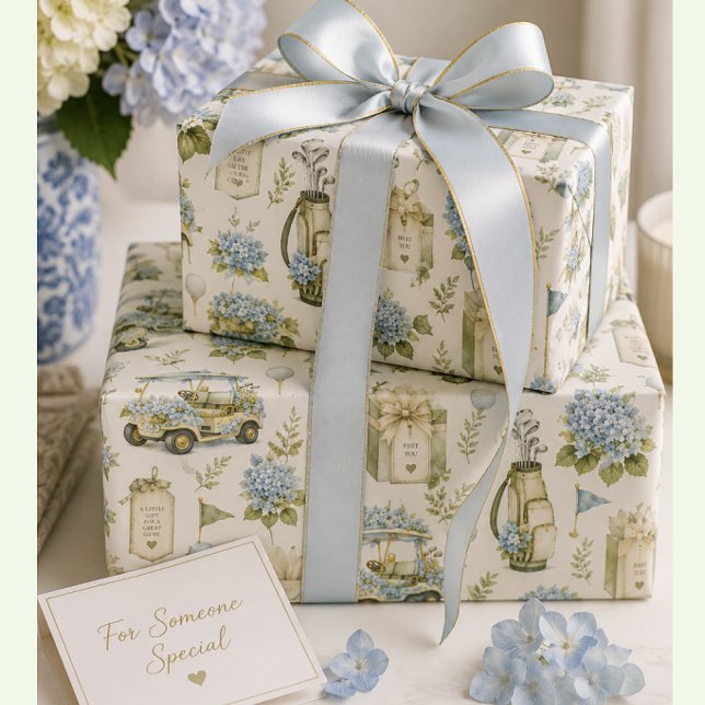 Papel de Embrulho de Golfe | Evento de Festa de Go (Blue hydrangea golf cart gift wrap for women golfers, country club gifts and birthdays)