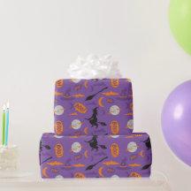 Papel de embrulho de Halloween com bruxa, vassoura