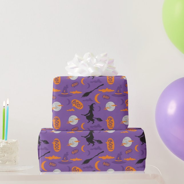 Papel de embrulho de Halloween com bruxa, vassoura (Presentes para festas)