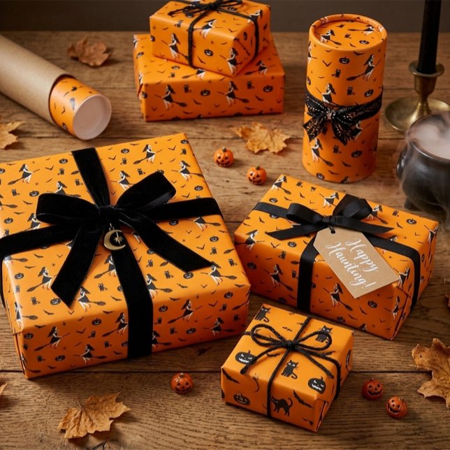 Papel de embrulho de Halloween laranja com bruxas (Criador carregado)