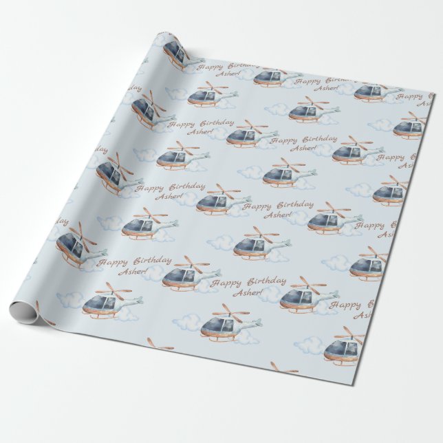 Papel de embrulho de helicóptero aquarela azul per (Desenrolado)