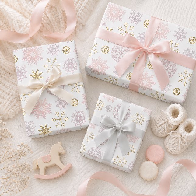 Papel de embrulho de inverno floco de neve rosa ru (Wrapping Paper)