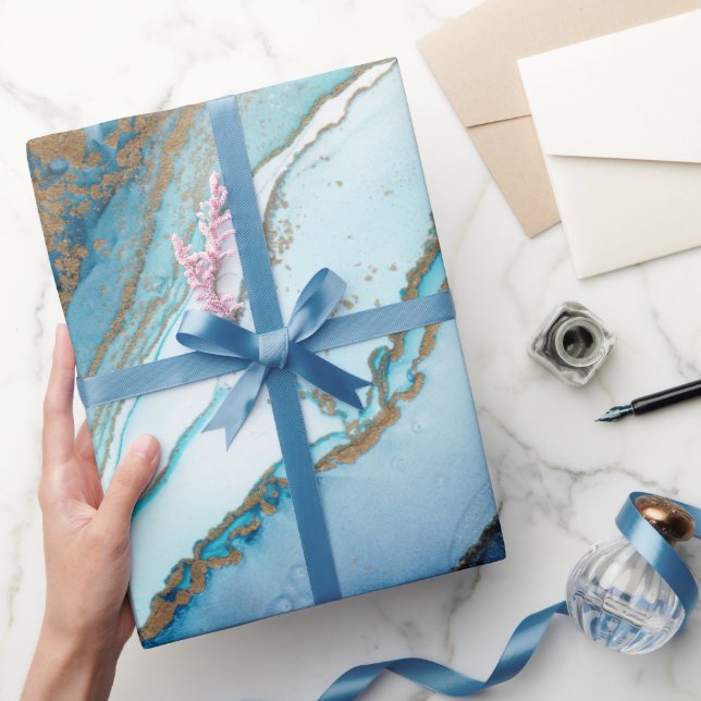 Papel de embrulho de mármore azul e dourado (Presentear)