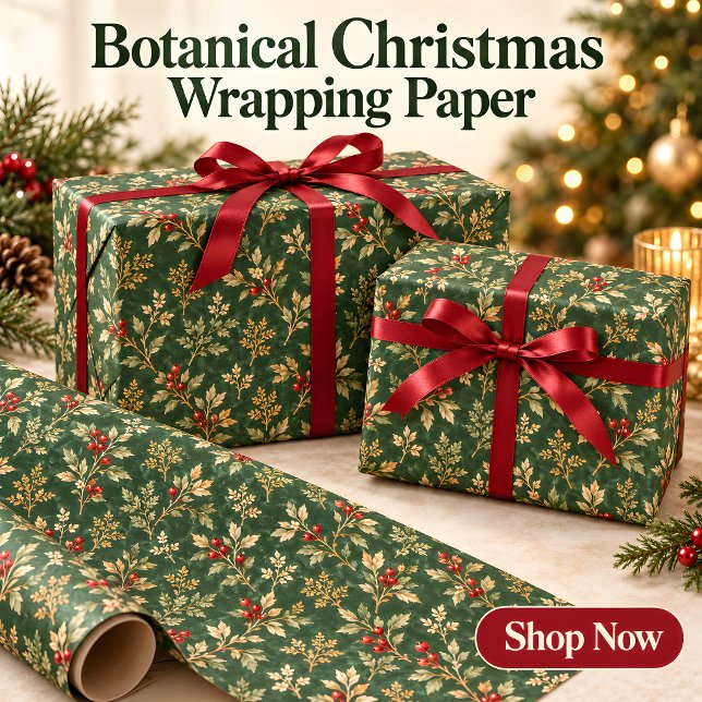 Papel de embrulho de Natal botânico verde floresta (Christmas Wrapping Paper with Forest Green Botanicals & Red Berries)