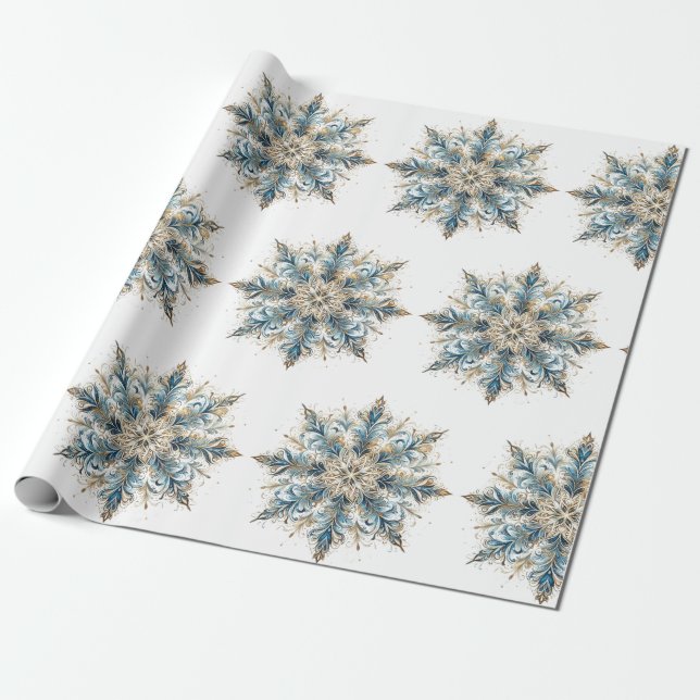 Papel de embrulho de Natal Branco, Dourado e Azul  (Desenrolado)