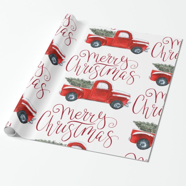 Papel de embrulho de Natal Caminhão Vermelho Antig (Desenrolado)