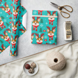 Papel de embrulho de Natal com Corgi fofo de Rena