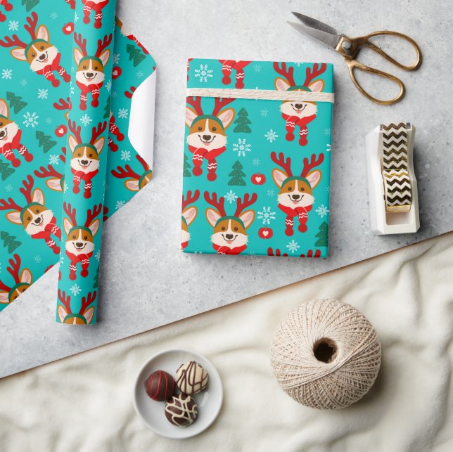 Papel de embrulho de Natal com Corgi fofo de Rena (Artesanato)