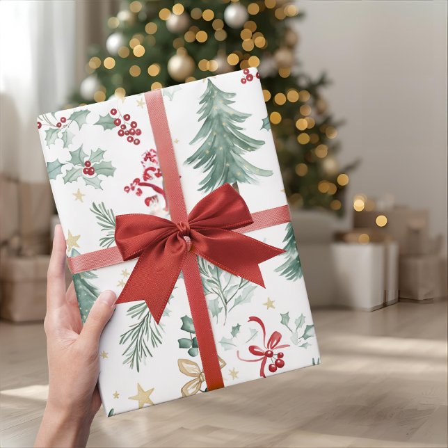Papel de embrulho de Natal com folhagem em aquarel (Criador carregado)