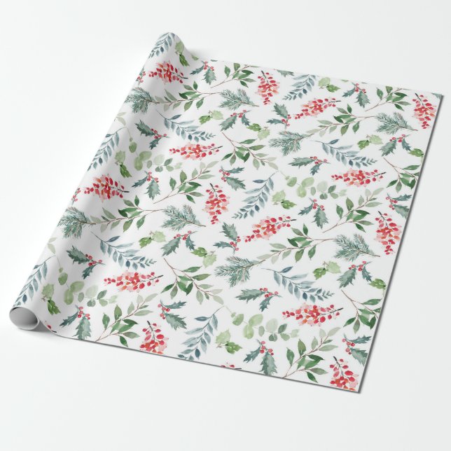 Papel de embrulho de Natal com frutos de azevinho (Desenrolado)