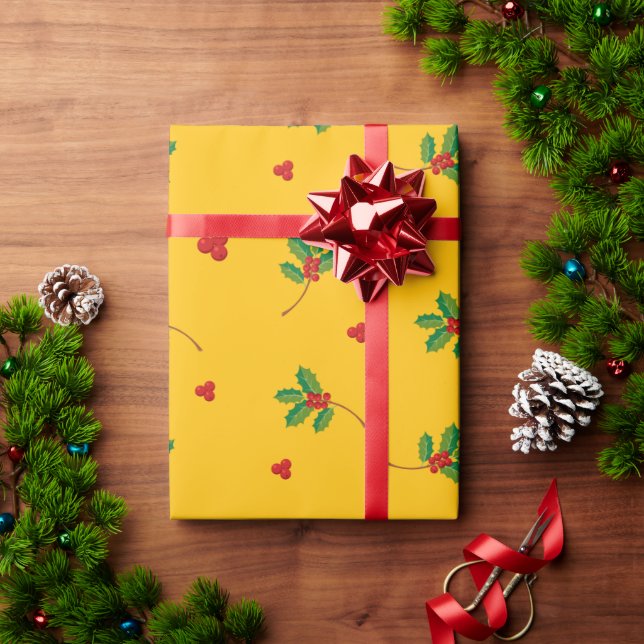 Papel de embrulho de Natal com frutos de azevinho  (Presente de Natal)