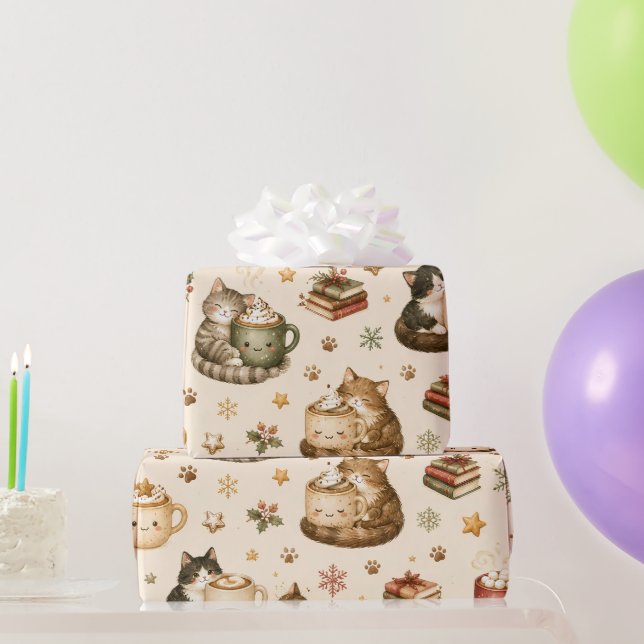 Papel de embrulho de Natal com gatinhos fofos e ch (Presentes para festas)