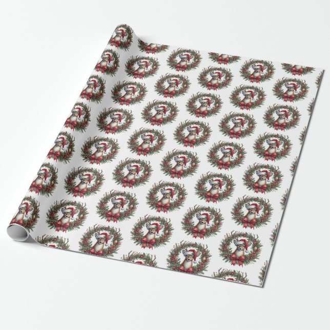 Papel de embrulho de Natal com grinalda de veados (Desenrolado)