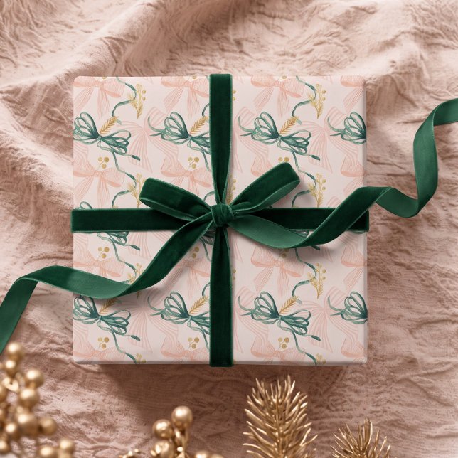 Papel de embrulho de Natal com Laço Rosa e Verde e (Elegant Watercolor Pink & Green Bow Christmas Wrap Wrapping Paper)