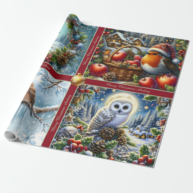 Papel de embrulho de Natal com lindos pássaros de  (Desenrolado)